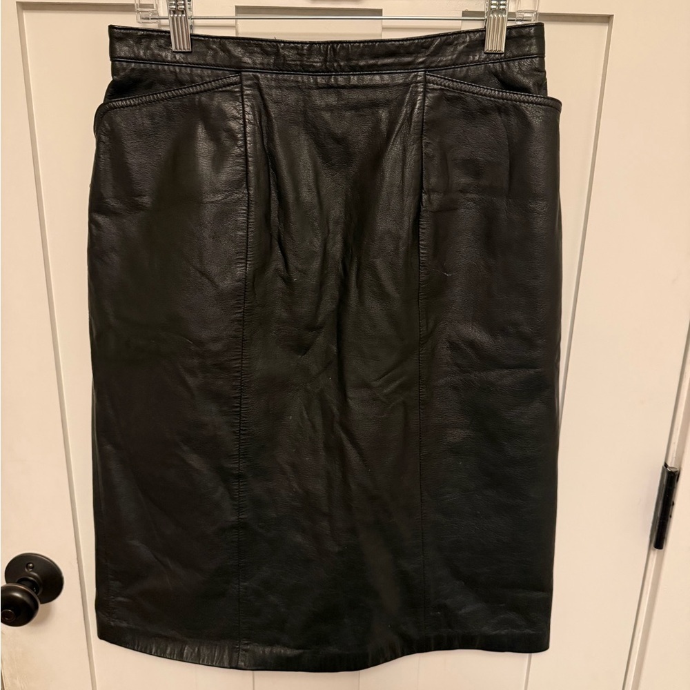 Vintage Black Genuine leather Pencil Skirt Greg Adam’s Lined Pockets Biker